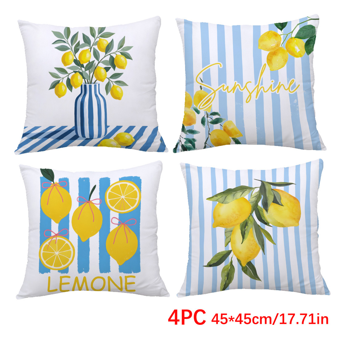 E-shop 4er-Set, einseitig bedruckte Kissenbezüge, Sommer-Zitronen-Blau-gestreifte Kissenbezüge, -Kissenbezüge geeignet für Wohnzimmersofa Schlafzimmer,