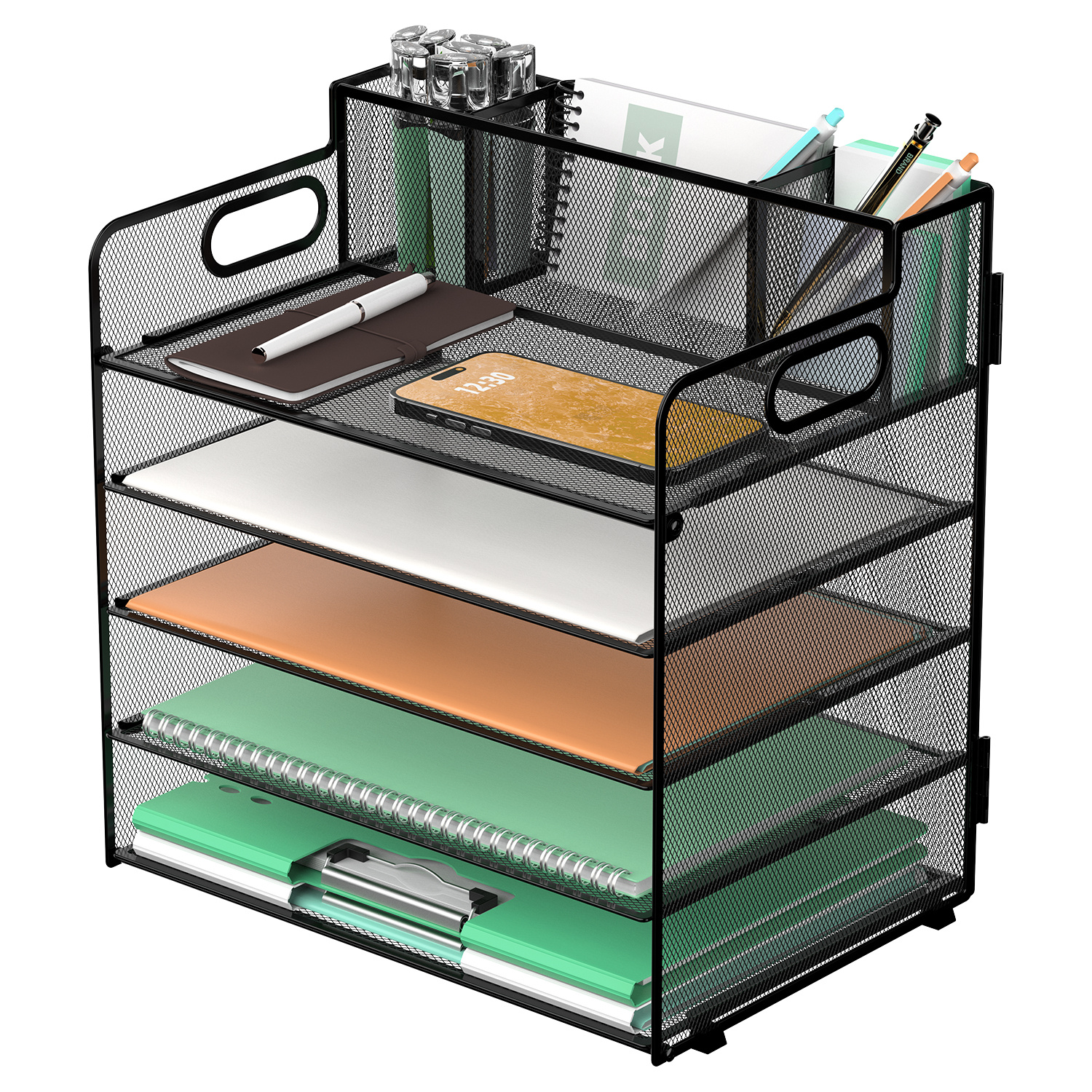 TEMU Jmhud 5-tier Desk Organizer Tray With Handles, Paper Organizer For Desk With 3 Pen Holders, Office Paper Tray Mesh File Organizer