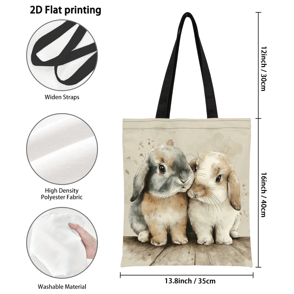 TEMU 1pc Stylish Easter Cute Bunny Pair Pattern Tote Bag - Spacious Reusable Grocery Bags With Fixed Shoulder Strap, Versatile Handbag For Work,