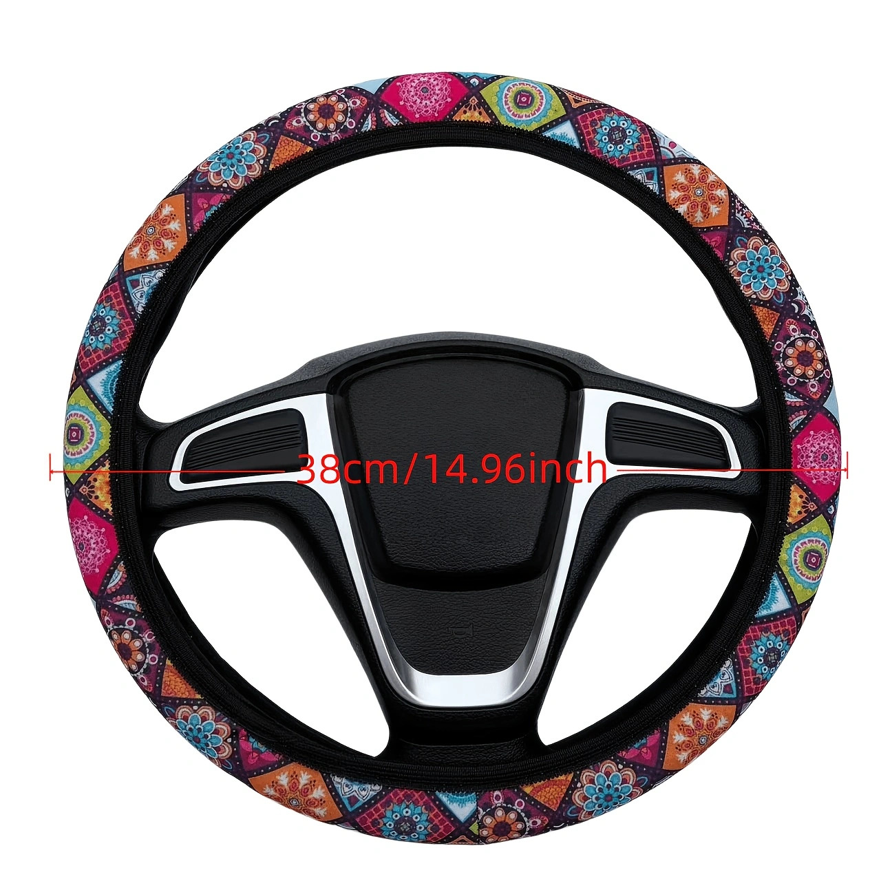 TEMU Women's Boho Mandala Colorful Floral Steering Wheel Cover, No Elastic Stretch-on Universal 38cm/15 Inch Car Steering Protector, Anti-slip Grip,