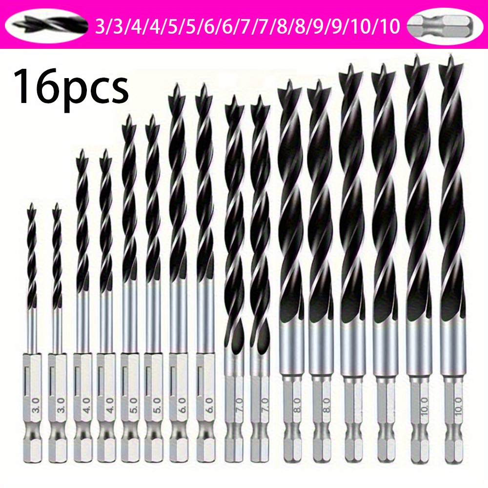16pcs 1/4" Hex Shank Woodworking Drill Bits- Three-point Tip With Tip& Edges For Wood, Plastic, Cardboard, - Compatible For Drills(drill Press, Table Saw, Hand Drill)