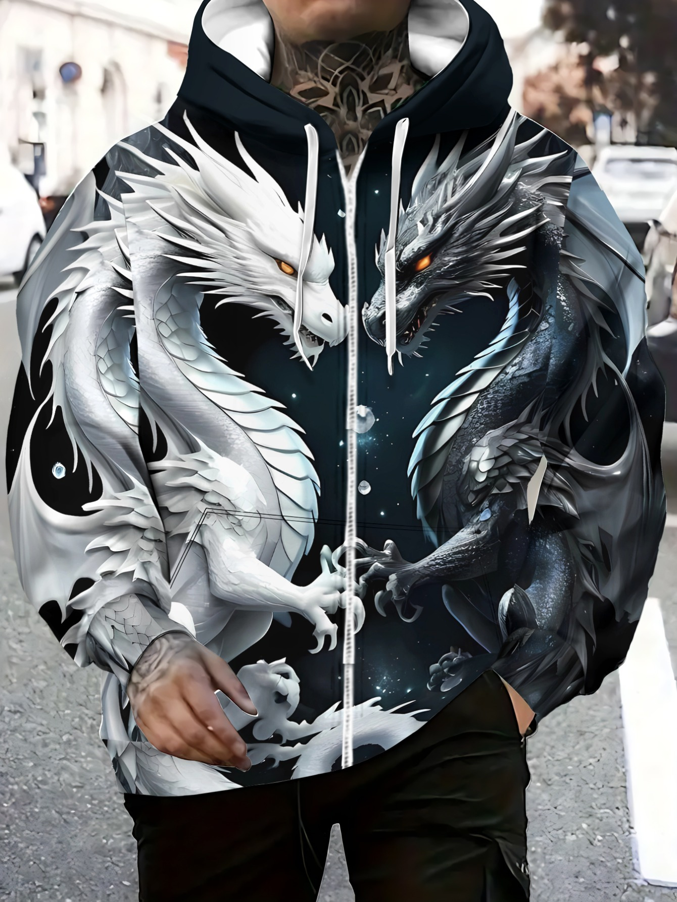 Men'S Zip-Up Hoodie Made of with a Dragon Print, Suitable for Outdoor Activities. It'S Lightweight And Durable, Making It Great for Travel. The Intricate Black And White Design Is Perfect for Casual Outings in Parks Or on The Streets