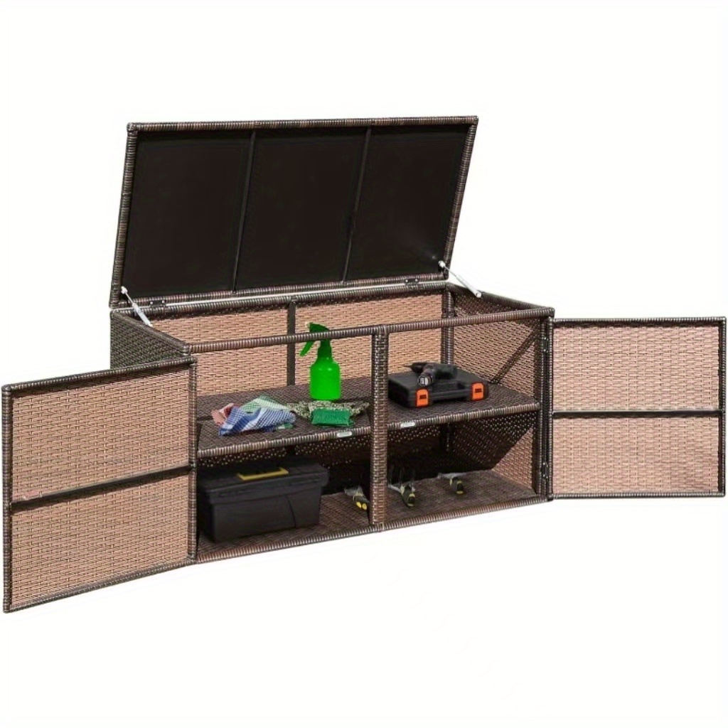 2-tier Rattan Chest, Storage Box With Lid & Cupboard Door, Weatherproof Organiser With Metal Frame For & Cushions, For Garden, Patio & Balcony