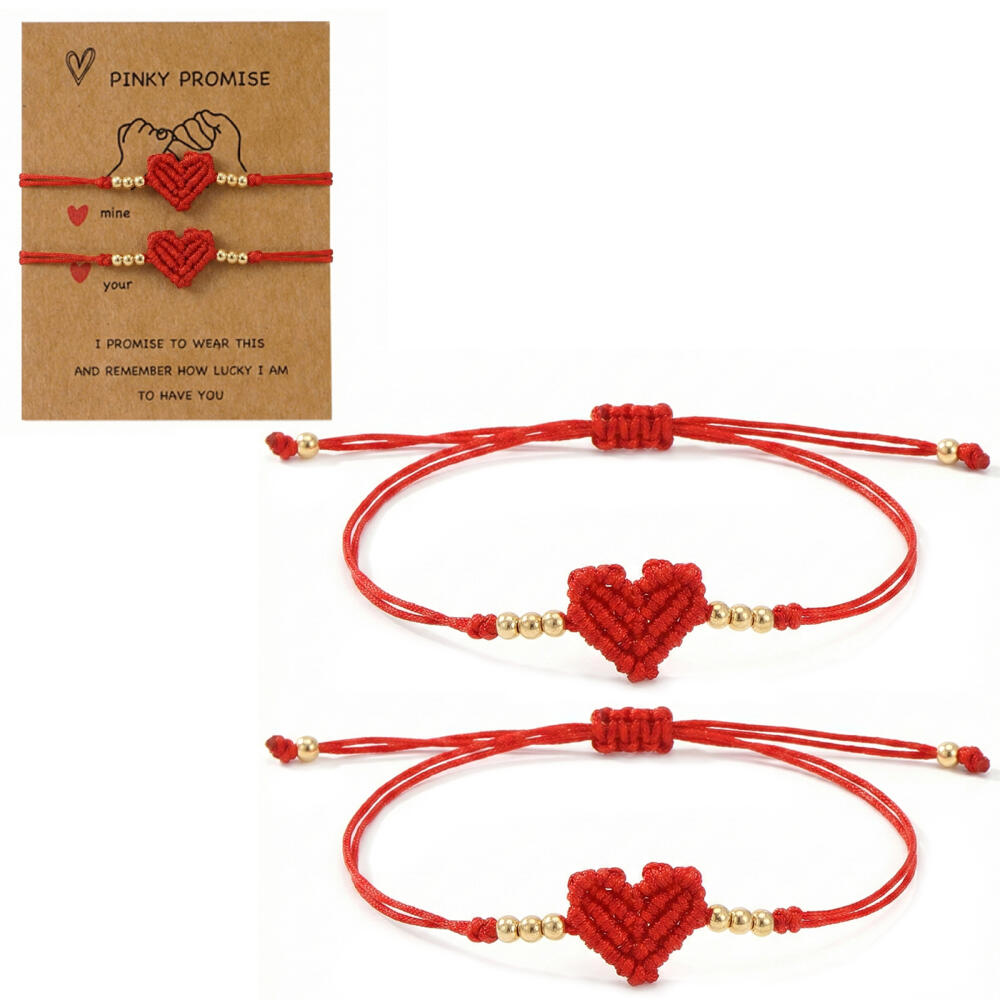 TEMU Ensemble de 2 bracelets pour femme, paire de bracelets réglables tressés à style bohème avec cœur rouge, bracelets pour couple, cadeau de