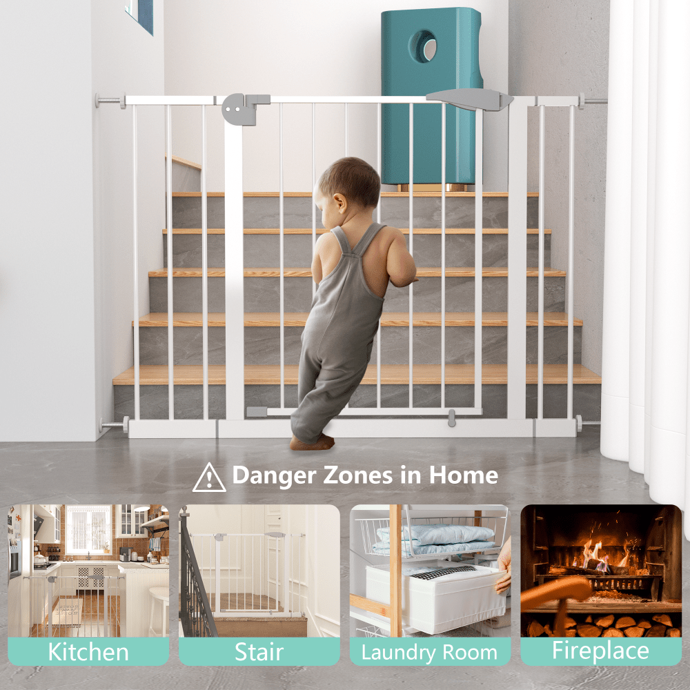 29.5-44.1 Inch Wide White Pressure-Mounted Walk-Through Safety Gate for Stairs and Doorways with Double Lock Security Barrier
