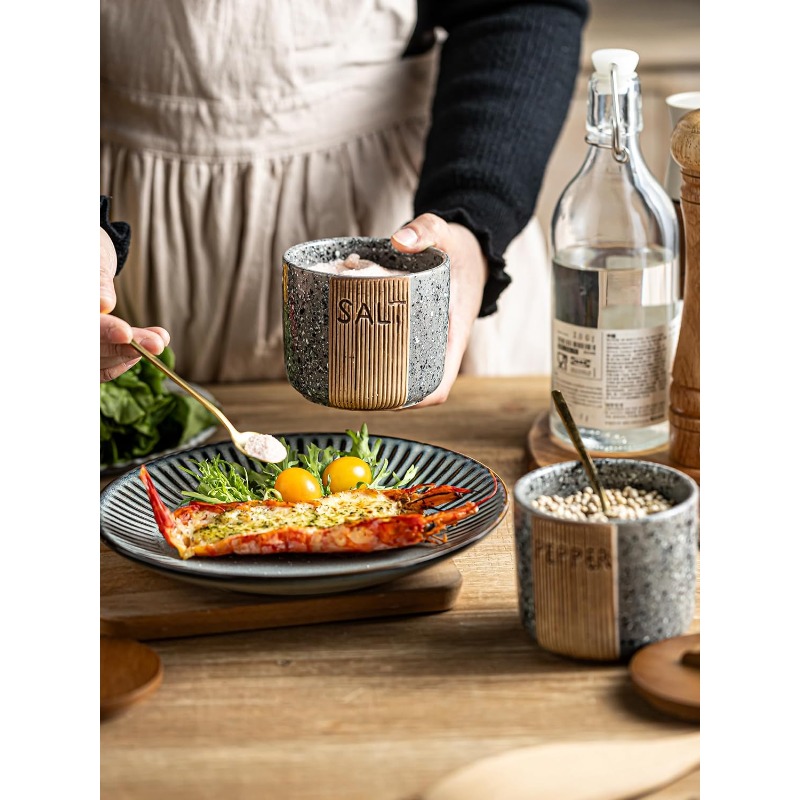 ceramic salt and pepper bowl set with marble like gray wood lid 10oz salt shaker container pepper grinder holder dishwasher rustic countertop organizer with spoons compatible with salt pepper cellar Product details 3
