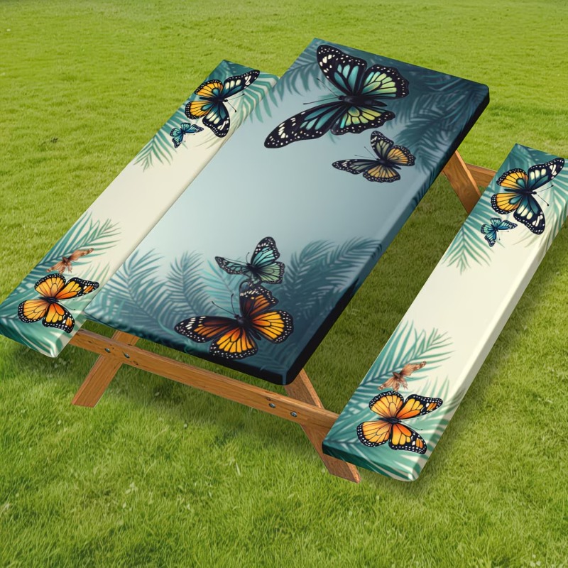 TEMU 3pcs Set (1 Tablecloth + 2 Stool Covers), Picnic Table Cover With Elastic- Bench Cover, And Palm Leaf Pattern, Suitable For Outdoor Activities