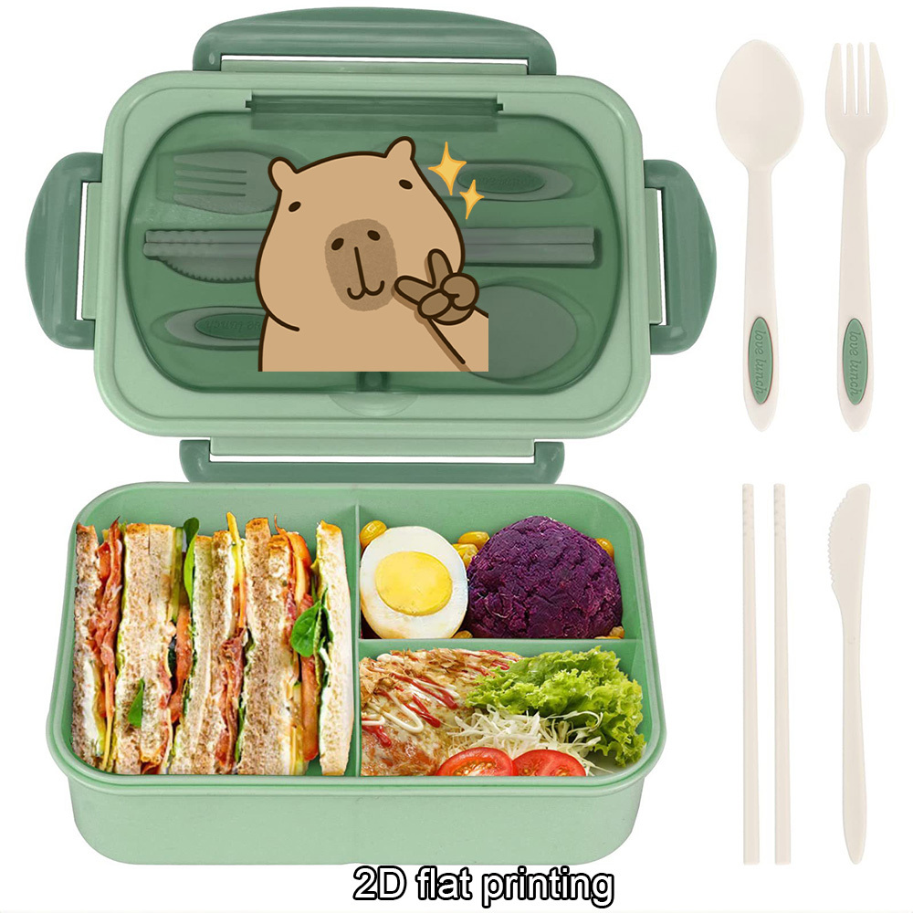 [authorized] Cartoon Print Bento Box With Capybara Pattern And Utensils, Multi-compartment Food Container For Students And Office Workers' Healthy Meals, Portable Lunch Box For School Or Picnics.