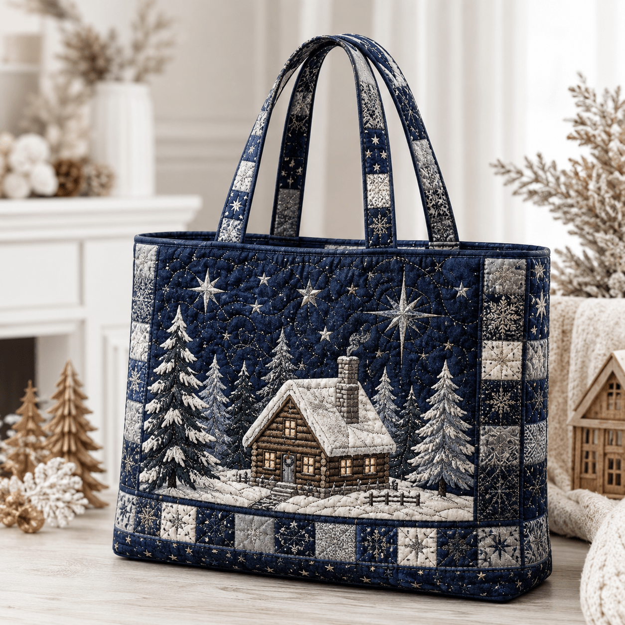 Image of 17*15inchsnowy Cabin, Pine Trees And Starry Night , Deep Winter Tones, Cozy Quilted Texture, Capacity Overnight Bag, Soft Handheld Carry-on Bag For Beach Vacation, Gym, & Daily Use