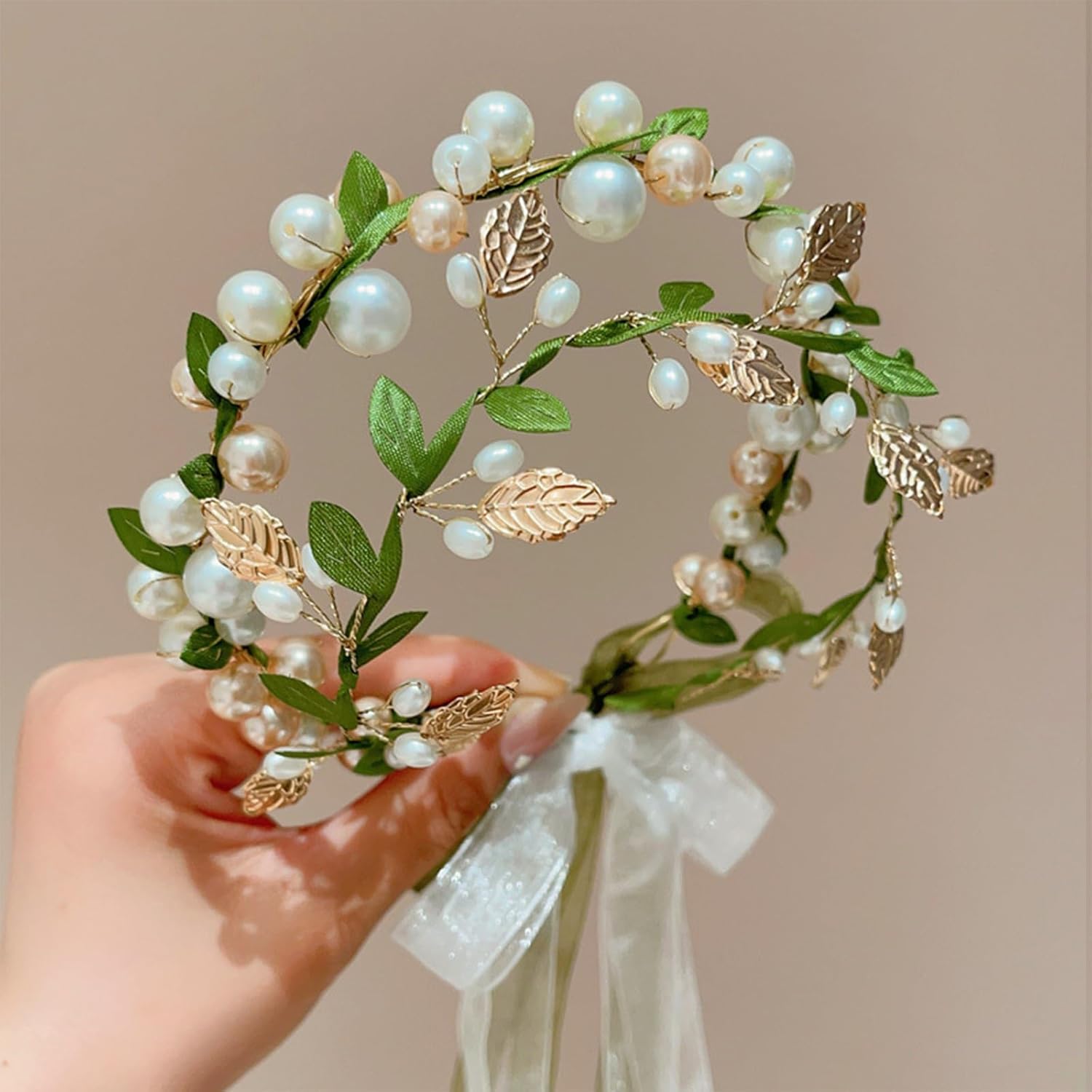 TEMU 2 piezas de adornos para el cabello con perlas y hojas verdes, de cinta de perlas, adornos para el cabello de estilo de para novias y damas de