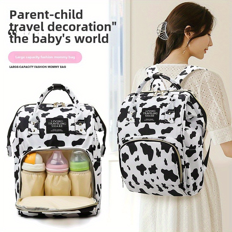 

Large Capacity Cow Print Mommy Backpack, Oxford Cloth, Multi-, Portable Travel Bag With Bottle Holders For , Fits 14+ Age Group