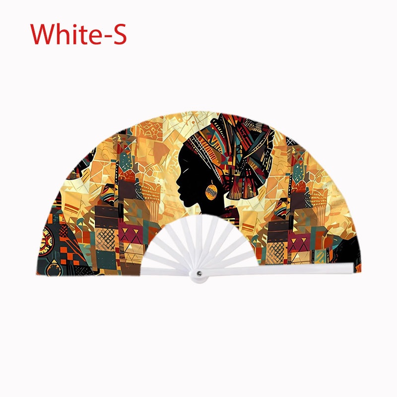 TEMU Éventail pliant pour femmes, silhouette de figure d' africain et motif textile traditionnel vibrant, corps d'éventail disponible , blanc et