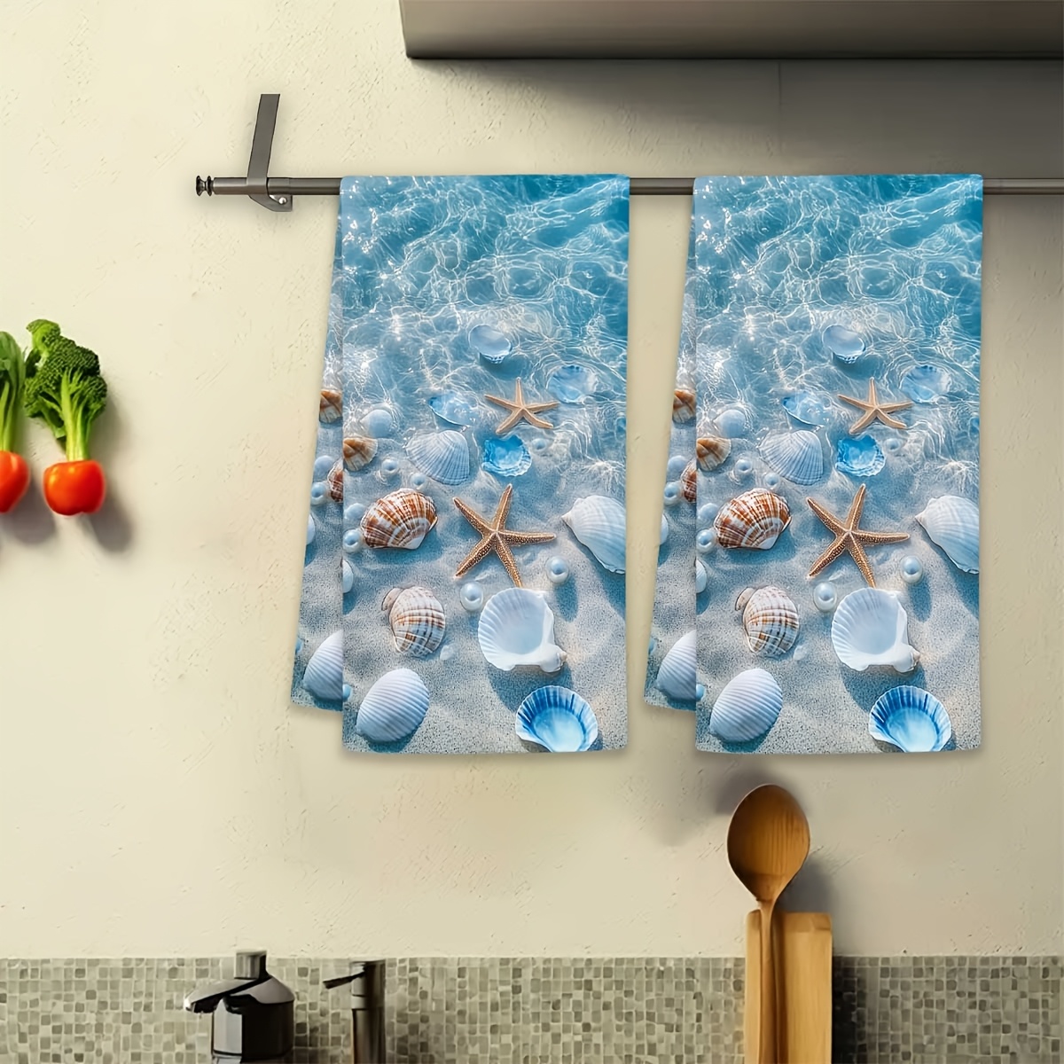 TEMU 2pcs Towel Set- Blue And Starfish Design, Absorbent Polyester Dish Towels 16*24inch, Soft And Durable, Suitable For Farmhouse Kitchen Decor,