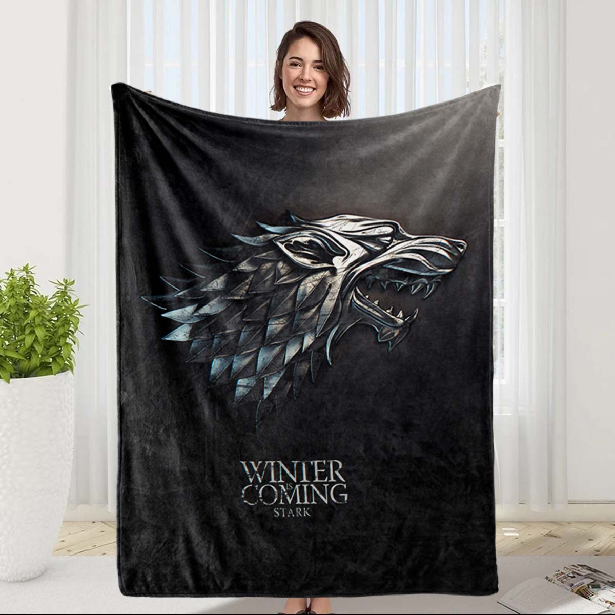 

Winter Is Stark Wolf Totem Flannel Throw Blanket, Print, Soft Comfortable Polyester, Theme Pattern, With For Napping, Warm Gift For Birthdays