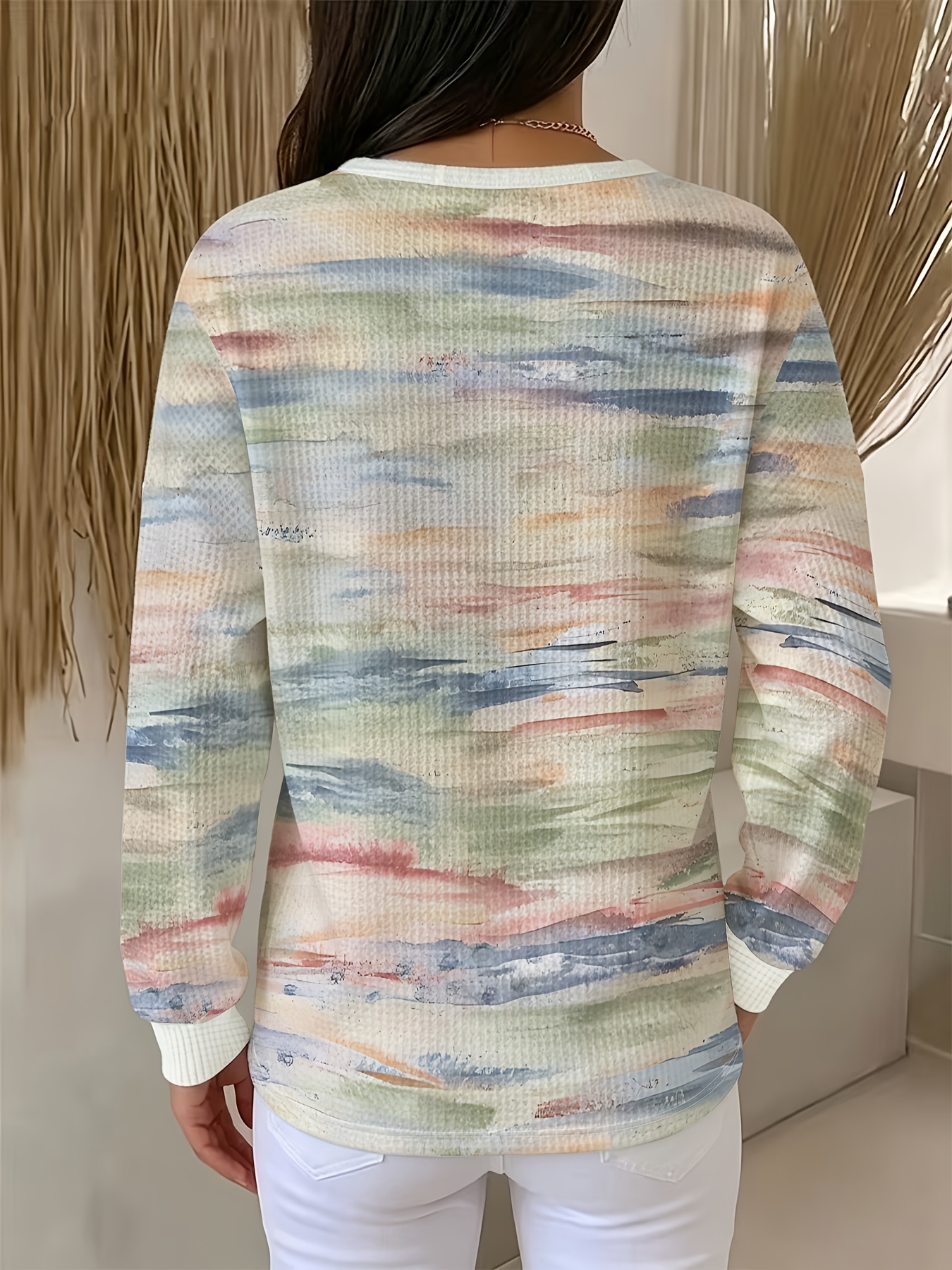 womens waffle henley shirt button long sleeve   color ink   gradient stripe   top