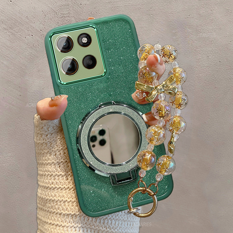 TEMU Luxury Candy Tpu Glitter Card With Lens Protector Soft Phone Case For Moto G15/ G75 With Makeup Mirror Magnetic Stand Women Star Hand Strap Back