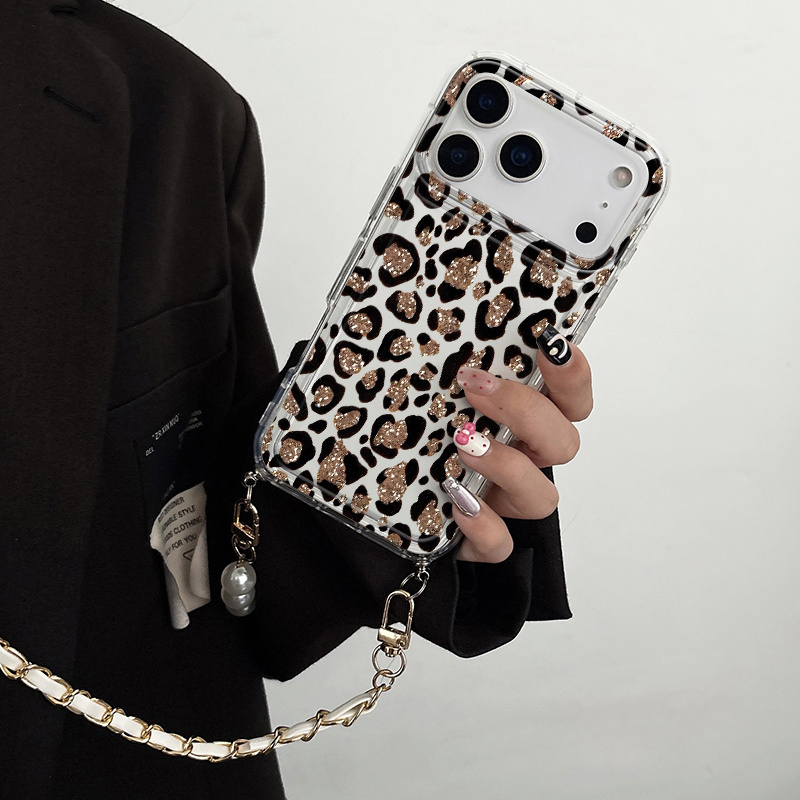 TEMU Étui de téléphone avec lanière en similicuir imprimé motif léopard et paillettes pour iPhone Air 17 16 15 14 13 12 11 Pro Max XS XR 7 Plus -