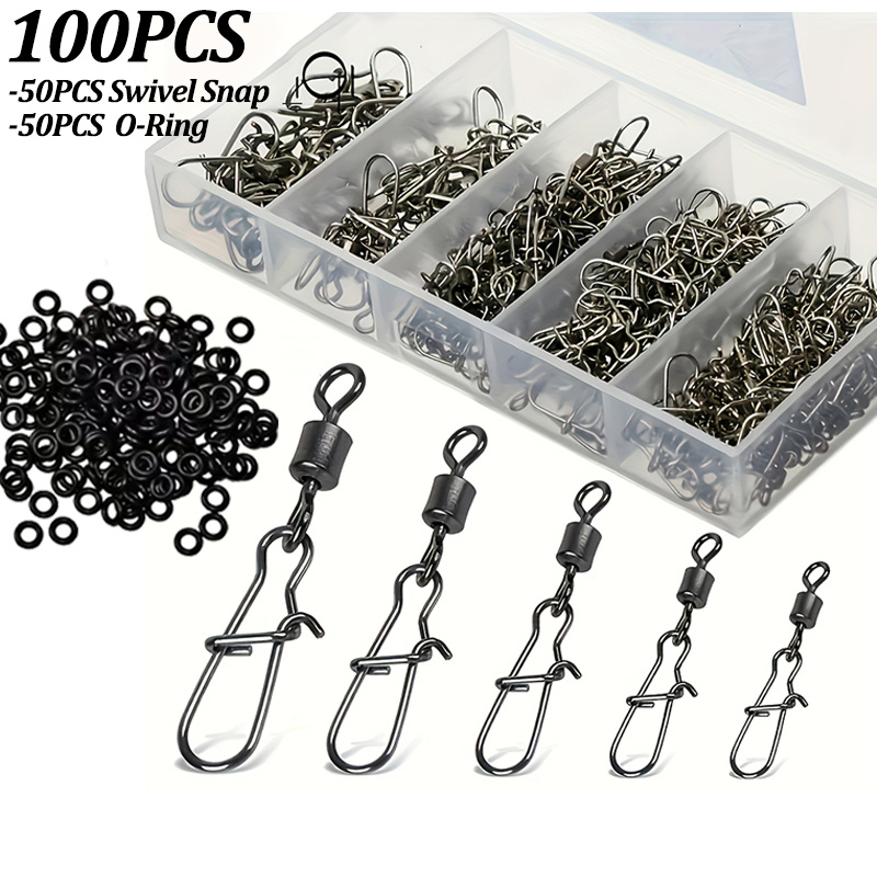 E-shop 100 Stück Premium Schwarze Eisen Angelwirbel Köder mit Gummi O-Ring Set (Größen 4#-12#) - Hochelastischer Puffer Ring für Schutz der Angelleine