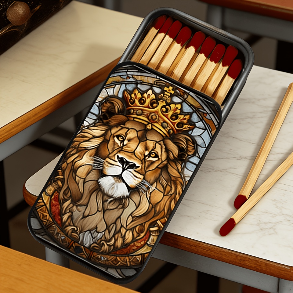 TEMU 1pc Metal Matchbox With A Stained Lion Pattern- Portable, Pressure-resistant And Wear-resistant, Small Carrying Case, Smooth Sliding Cover,