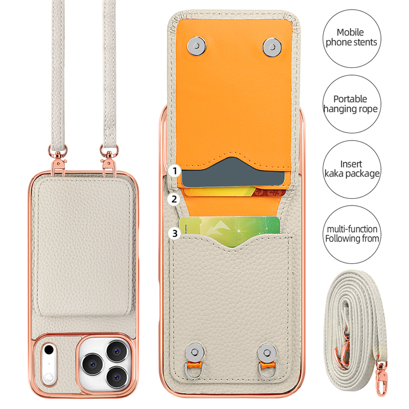 Phone Case: Business PU Lychee Texture Flip Cover Card Holder with Multiple Card Slots, Stand Function, Crossbody Strap, and Full-Body Protective Case with Plated Frame for Apple iPhone 17 Pro Max/17 Pro/17 Air/17