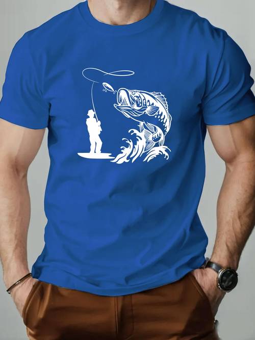 mens casual cotton crew neck t shirt with detailed fish illustration short sleeve summer style gray outdoor fishing graphic design