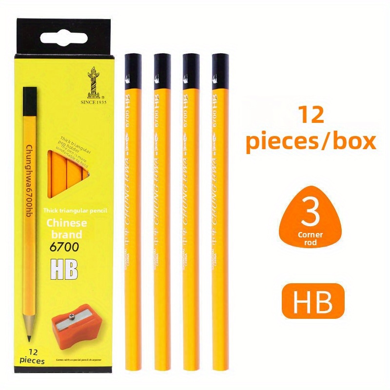 12pcs Of Hb Sketch Pencils, Thick Triangular Stationery, Drawing Prizes, Woodworking Pencil Set, Includes A Sharpener