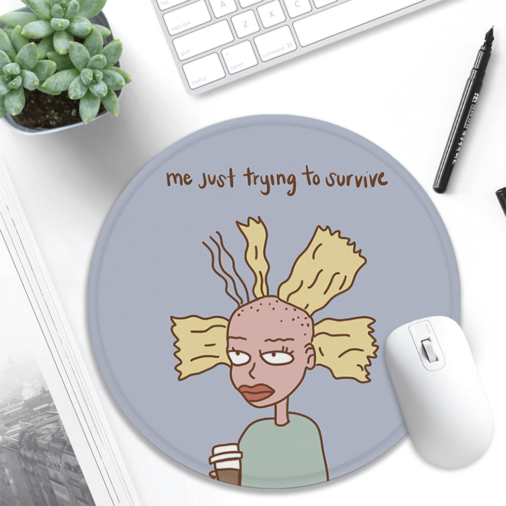 TEMU 2d Flat Humorous Cartoon Mouse Pad Featuring A Character With Noodle Hair And A Bald Top, Dressed In Shirt, Themed Around Coffee Mugs. A Desktop