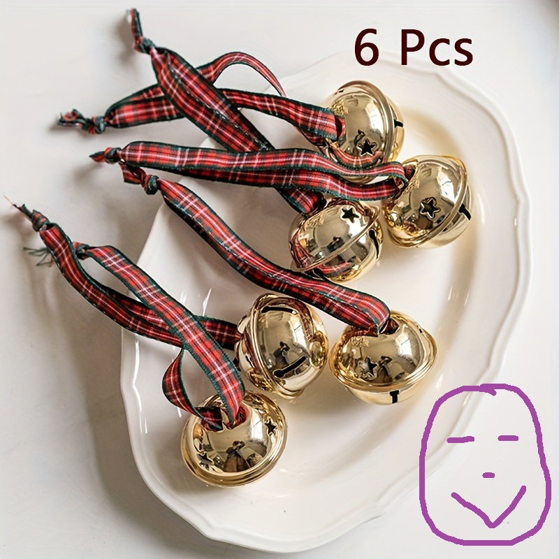 Set Of 6 Classic Christmas Bells With Checkered Ribbons - Perfect For Holiday Decorations, Can Be Hung By The Window As Wind Chimes