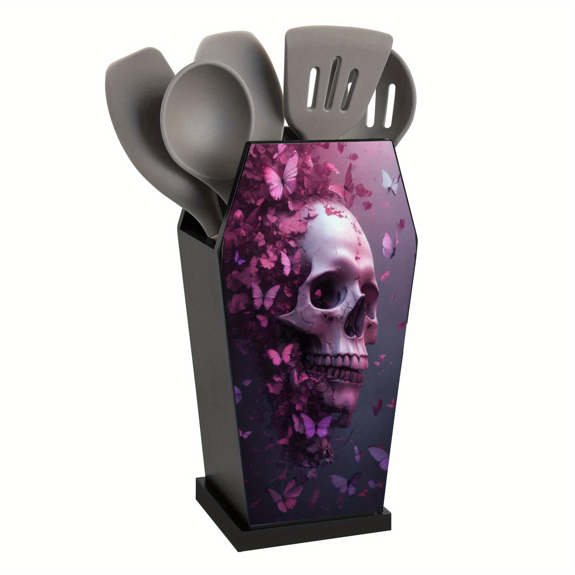 1pc, Coffin-shaped Kitchen Utensil Holder Black With And Print For Halloween Decor And Decor