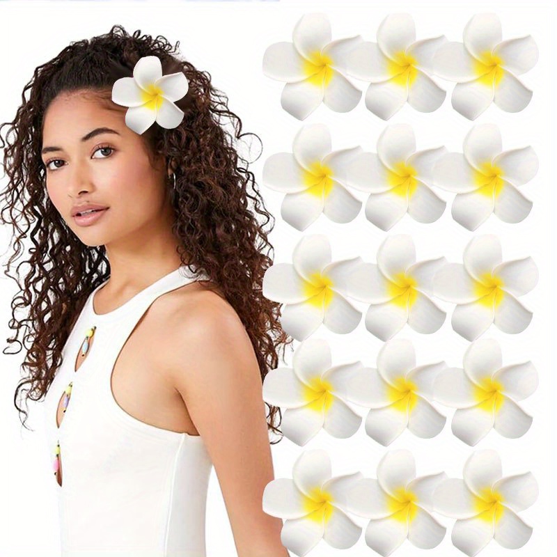 4er Set Hawaii-Blumen Haarspangen - Frangipani (Plumeria) Aus Schaumstoff, 7 Cm, Weiß & Rosa