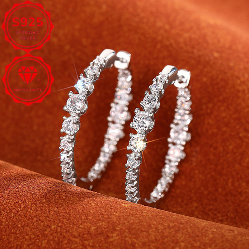 TEMU Elegant Hoop Earrings Made Of S925 Silver And Moissanite, A High-quality Present, Use, Weddings, Engagements, And Other Events
