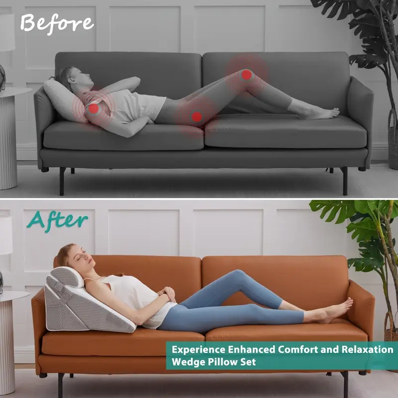 Adjustable Foam Pillow 3pcs Adjustable Foam Wedge Pillow Set Postoperative Back, Leg and Knee Support Folding Triangular Pillow for Sleeping, Preventing Acid Reflux and Snoring