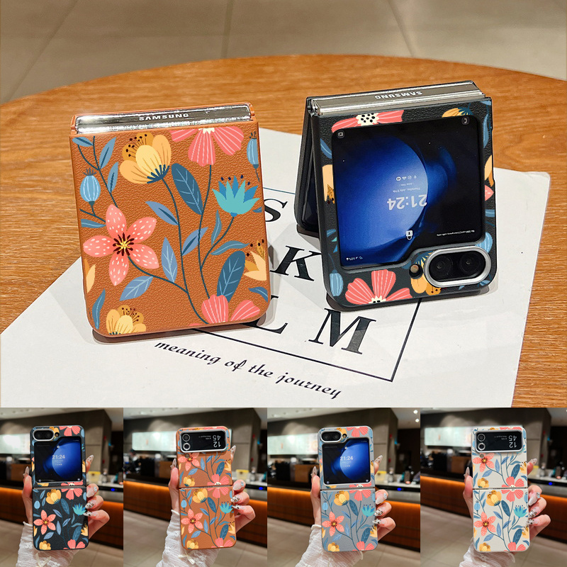 

Coque Pliable Imprimée Fleurs pour Samsung Flip5 Flip4 Flip3 5G, Antichoc, Texture Similicuir, Couverture Mince et Douce