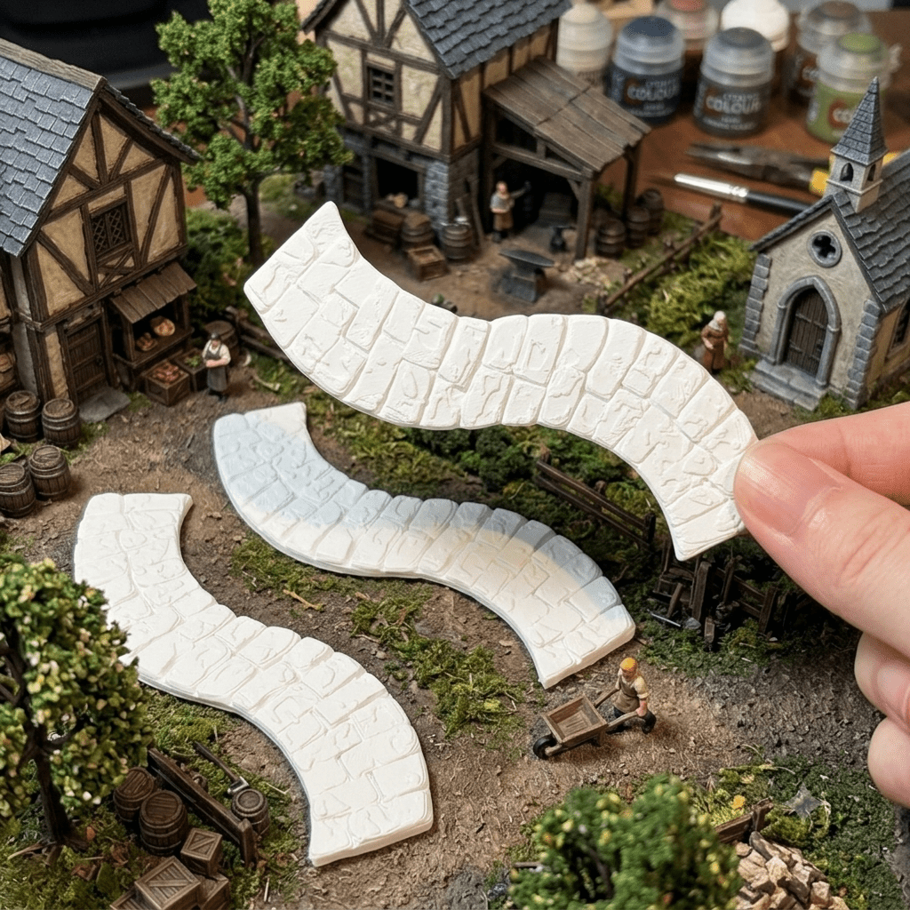 TEMU 3pcs Curved Cobblestone Road Terrain Model Brick, White Winding Stone Pathway Sections For Diorama Building, Tabletop Scenery, Medieval Village
