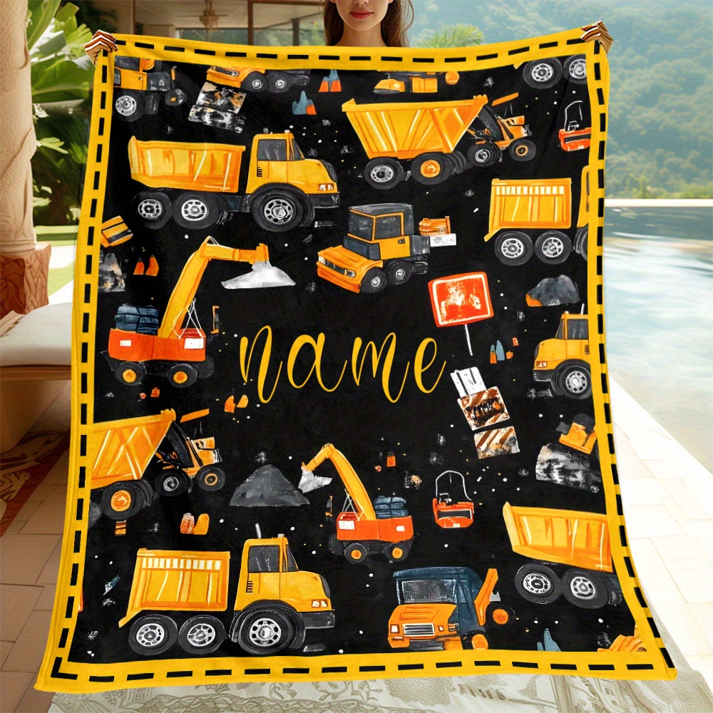 TEMU Custom Name Cartoon Full Print Excavator Portable Blanket- Lightweight Flannel Throw For Sofa Bed Travel Camping, Livingroom Office Couch Chair,