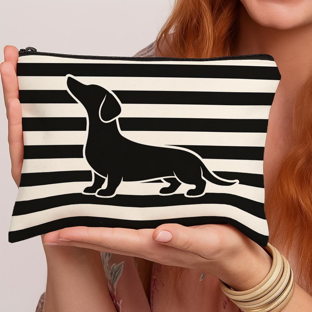 TEMU 1 ud. Neceser de viaje con diseño de perro salchicha - Bolsa con cremallera para mujer, silueta de perro salchicha y diseño a rayas, neceser de