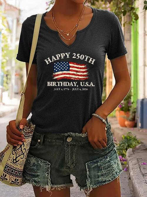 item picture casual womens v neck t shirt featuring a graphic for the 250th birthday of the usa designed with a flag print everyday