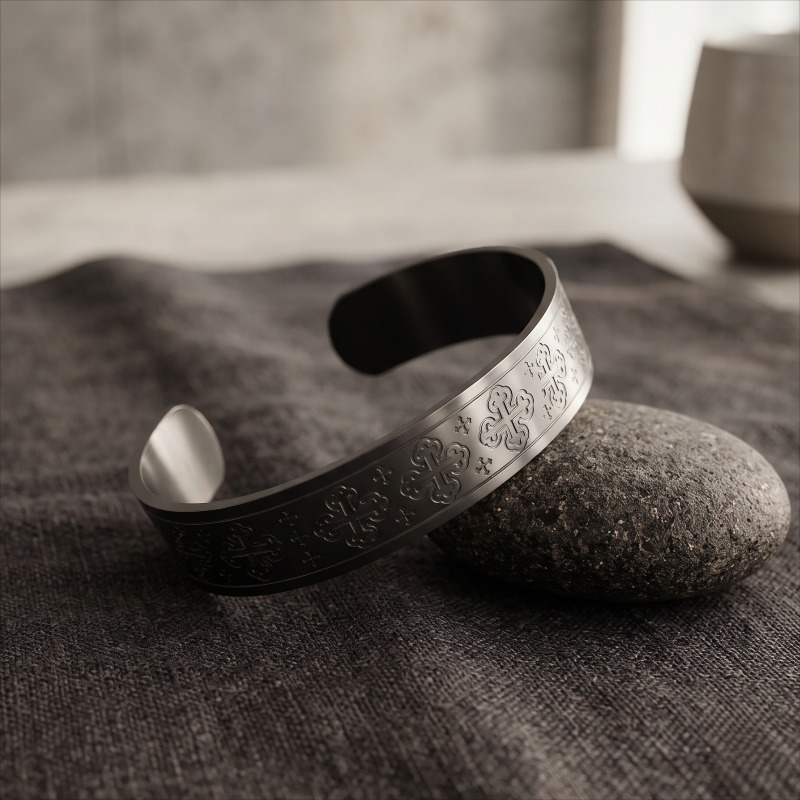 Vintage Cross Pattern Stainless Steel Open Bangle, Unisex
