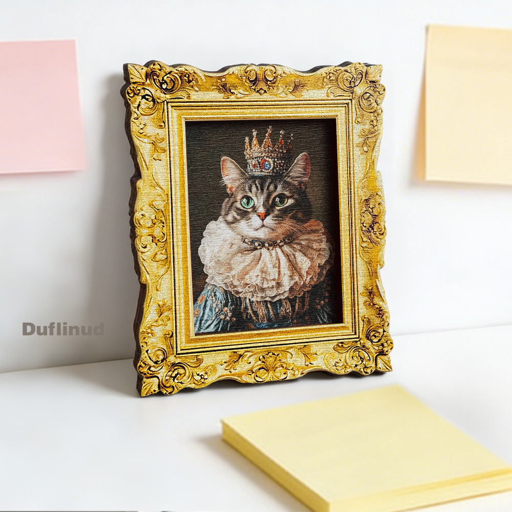 TEMU 1 pièce Aimant de réfrigérateur Chat Royal DUFLINUD, Chat Couronné Vintage sur le Thème avec Col et Tenue en Dentelle, Mini Décoration en Bois,