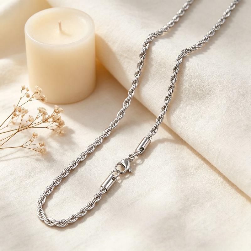 Women's Glossy Silvery Twisted Rope Braid Necklace, Stainless Steel