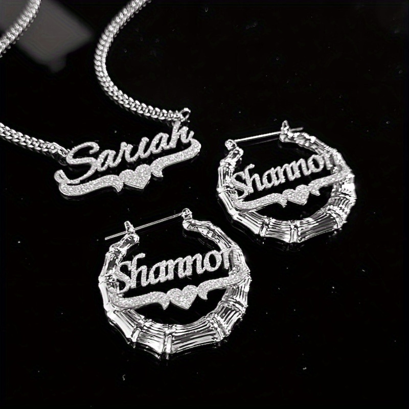 TEMU 2pcs Custom Name Jewelry Set, Custom Name Necklace, Bling Name Bamboo Earrings, Personalized Nameplate Jewelry Set, Custom Jewelry Set Gift For