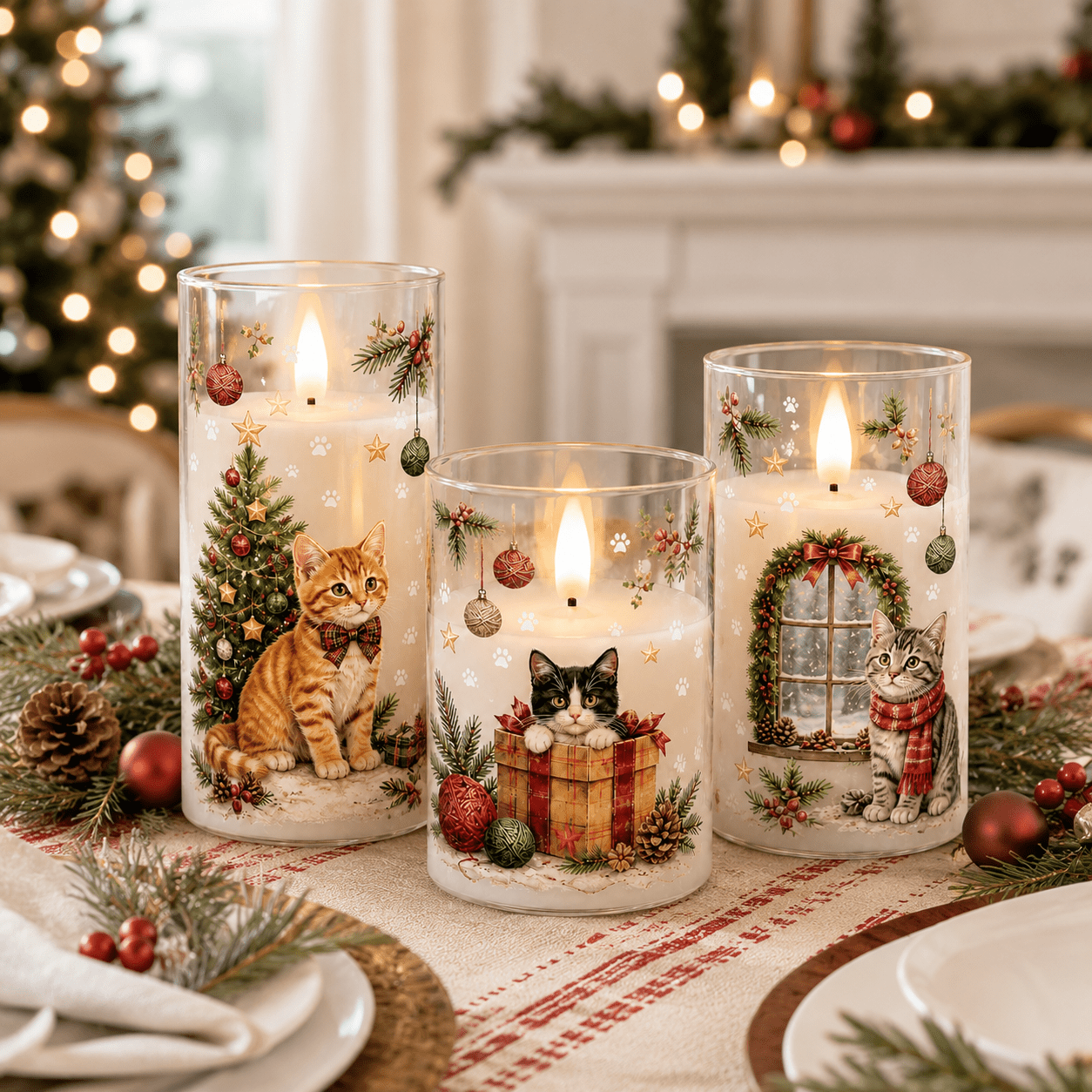 TEMU 3pcs Christmas Flameless Candle Lights, Cute Cat, Christmas Tree, Gift Box & Holiday Scarf Design, Warm Decorative Lights For Table, Mantel,