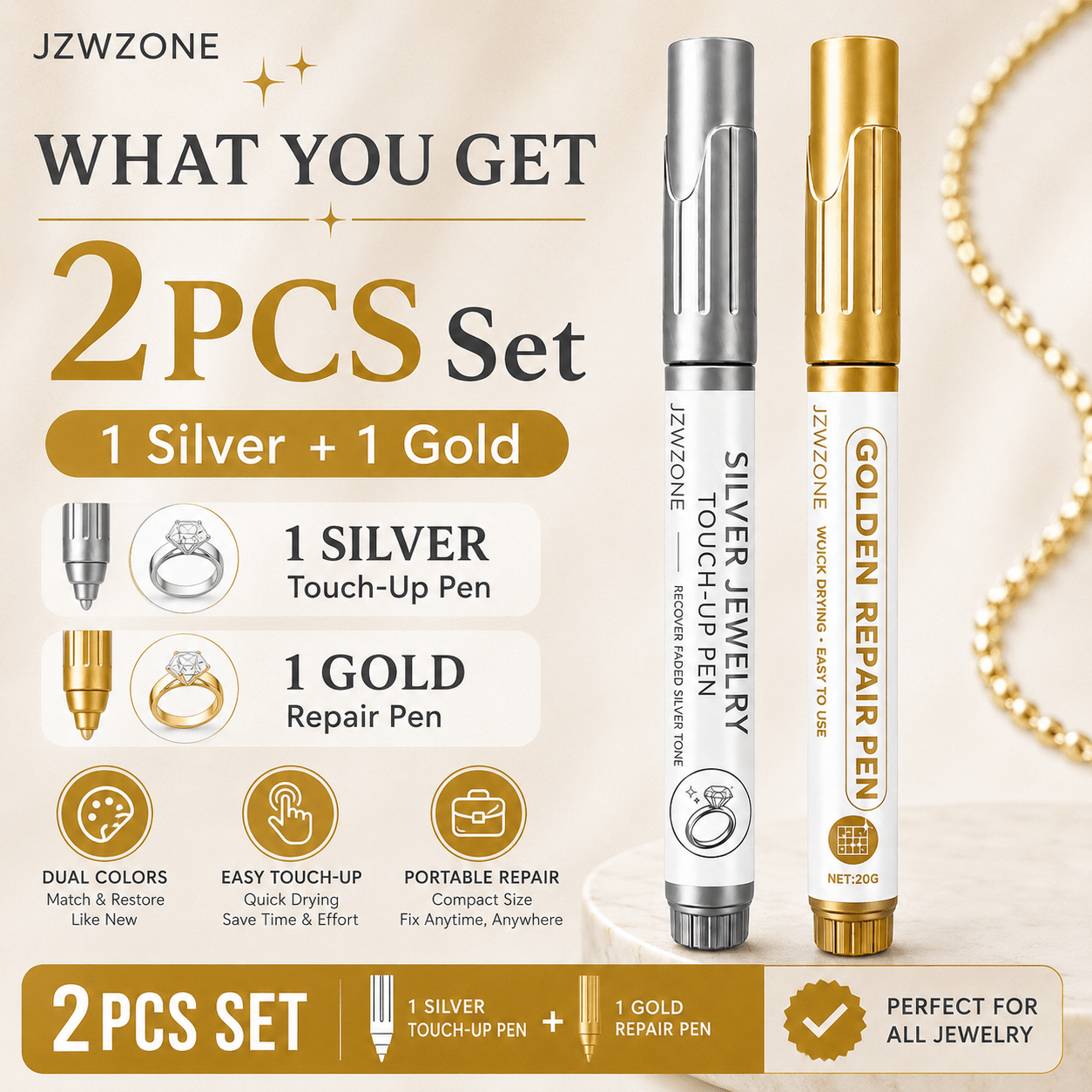 TEMU Jzw Zone 2pcs Jewelry Pen Set, Golden & -up Pens For Scratches, Fading & Areas, Quick- Restorer For Rings, Necklaces, Bracelets & Earrings