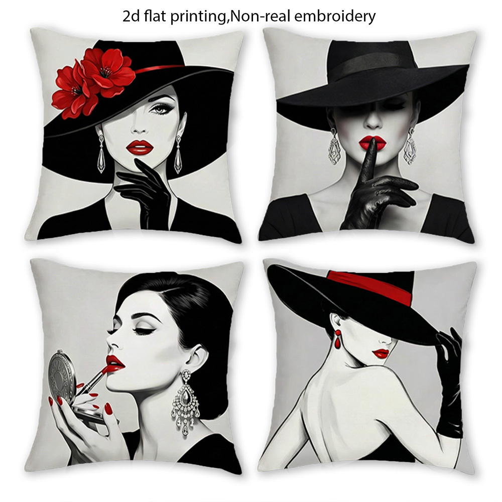 TEMU 4 pezzi Copricuscino Estivi Cappello, Rosse, Elegante Donna, Stile Lusso, Stampa su Un , Senza Imbottitura, Multi-Misura per Soggiorno Camera da