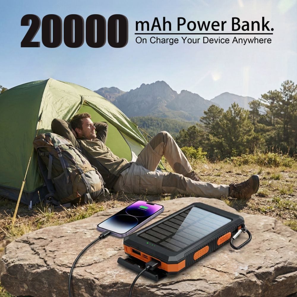 20000mah portable solar power bank portable solar mobile phone charger camping external battery charger for mobile phones 2 usb led flashlights with compass for outdoor activities
