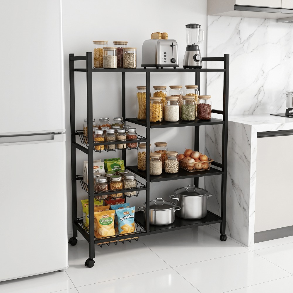 Image of 4-tier Heavy Duty Storage Rack - 105x80x32cm, Carbon Steel, Casters, Each Shelf Holds 50kg, Removable Trays - For Kitchen, Garage Or Warehouse, Standing Shelf