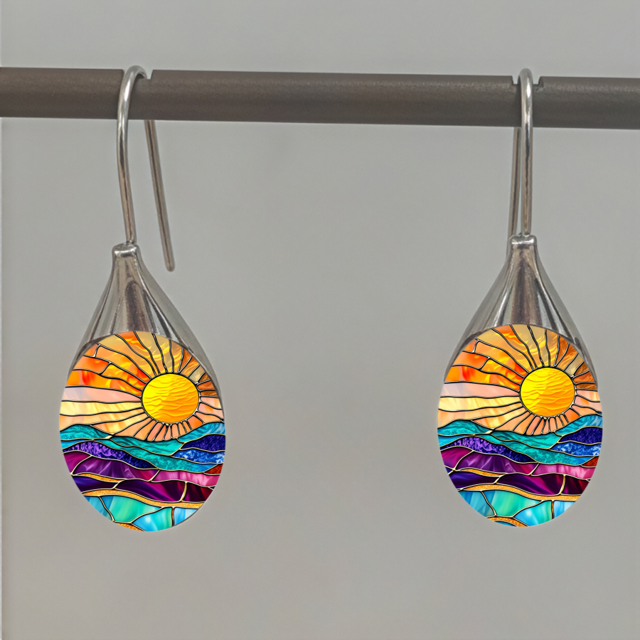 TEMU 2pcs Sun Earrings Ocean Wave Earrings Stained Glass Earrings Art Earrings Oval Earrings Nature Earrings Unisex Earrings Jewelry Additions Unique