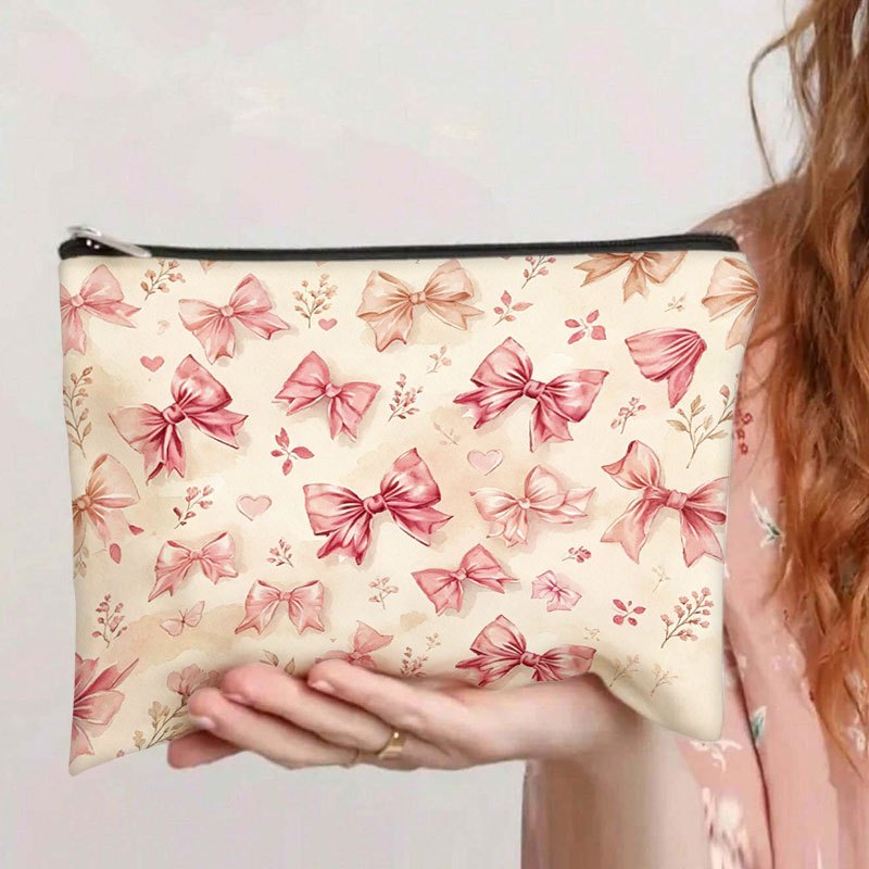 TEMU 2d Flat-printed Base Watercolor Pink Gift Box Bow Heart Floral Print Zipper Storage Pouch, Back-to- Office Supplies, Desktop Stationery Small