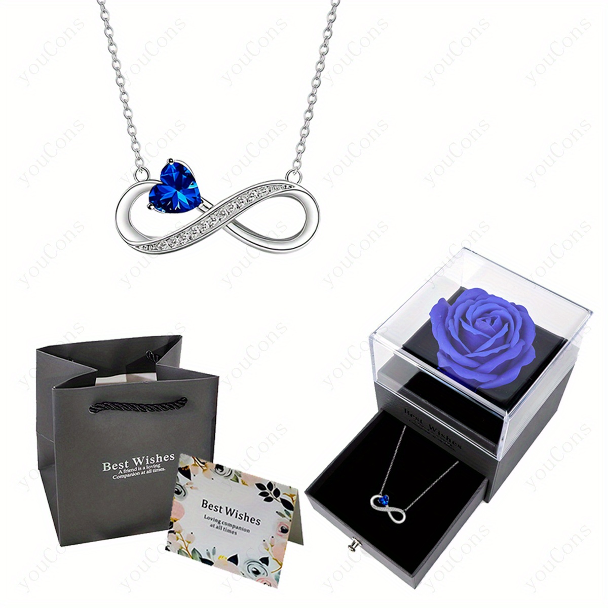 E-shop Tiefblauer herzförmiger Mobius-Ring-Anhänger, kombiniert mit tiefblauer, luxuriöser Rosenblüten-Geschenkbox, Geschenktüte, Grußkarte,