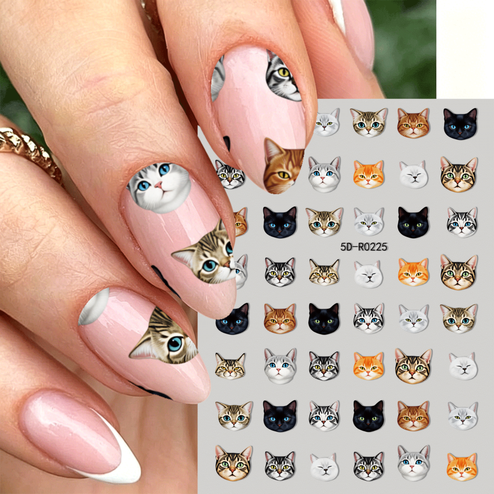TEMU 1pc, Traffic Hot Word, 5d Embossed Cat Face Pattern, Self-adhesive Nail Stickers, Kitten , Nail Decal, Easy Diy Manicure Decor For Women Nail